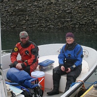 Christopher Roy, Graduate Student at University of Maine and Lee Ann Thayer, Marine Biology Student at University of Maine, ready to depart for Seal Harbor.