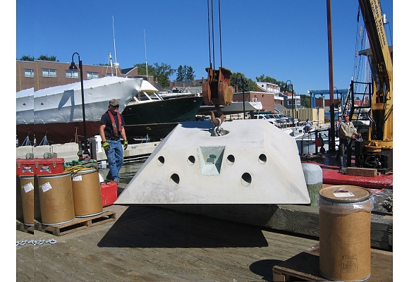 HMS 8000 Low Profile mooring is hoisted onto barge at Maine Maritime Academy.